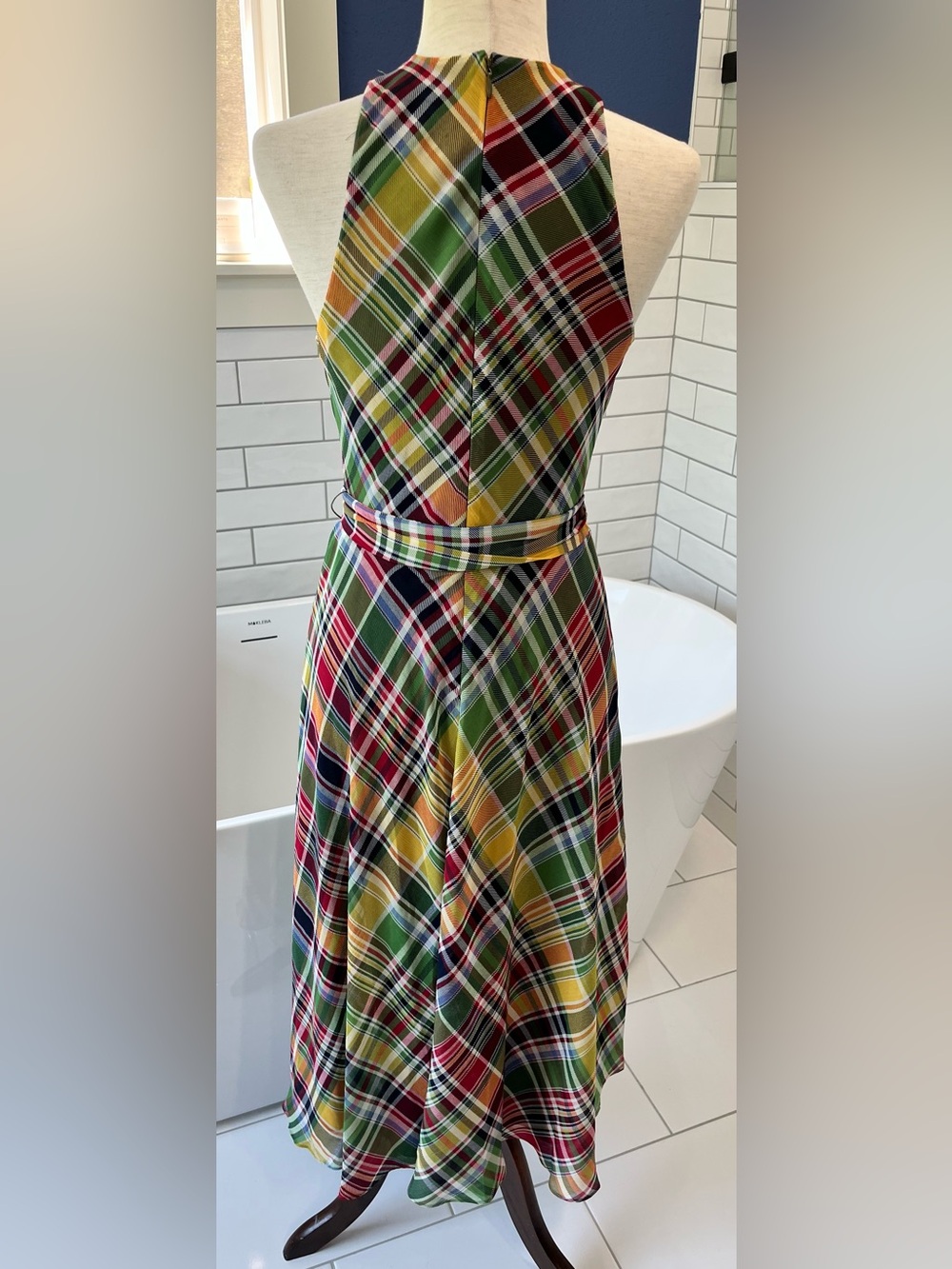 Lauren Ralph Lauren One-Shoulder Plaid Midi Dress in Green, Yellow and Red - Picture 9 of 10